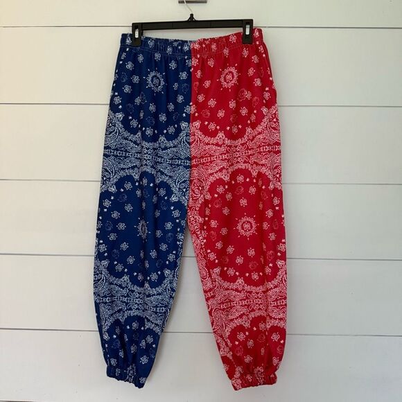 Women’s Large Unique Blue Red White Colorblock Jogger Pants - Picture 1 of 4